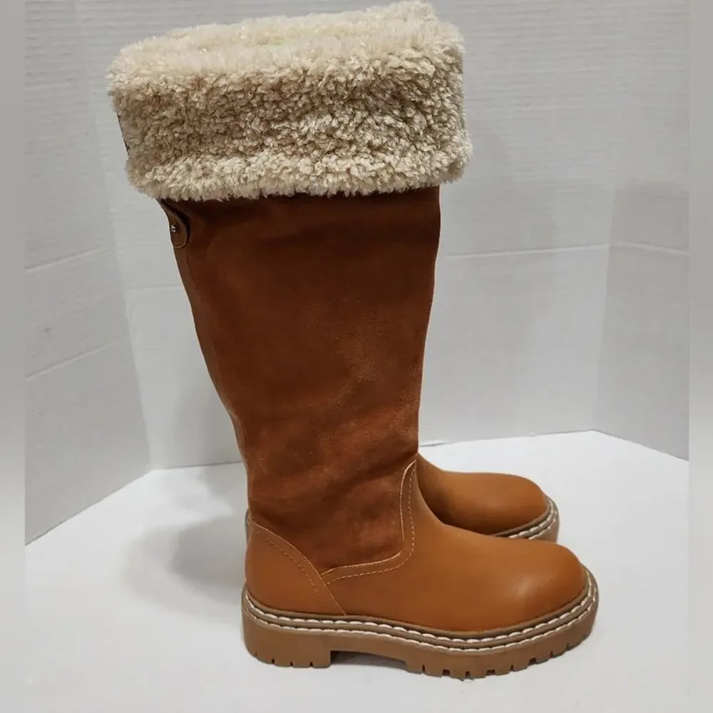 Splendid  Antonia faux fur trimmed Cognac leather boots Women's size 7.5 8 new!!